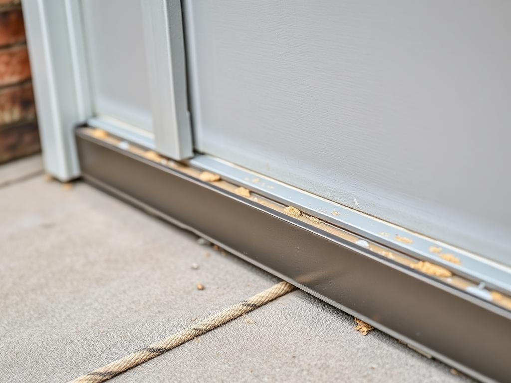 Close-up of garage door weatherstripping installation on bottom seal for energy efficiency