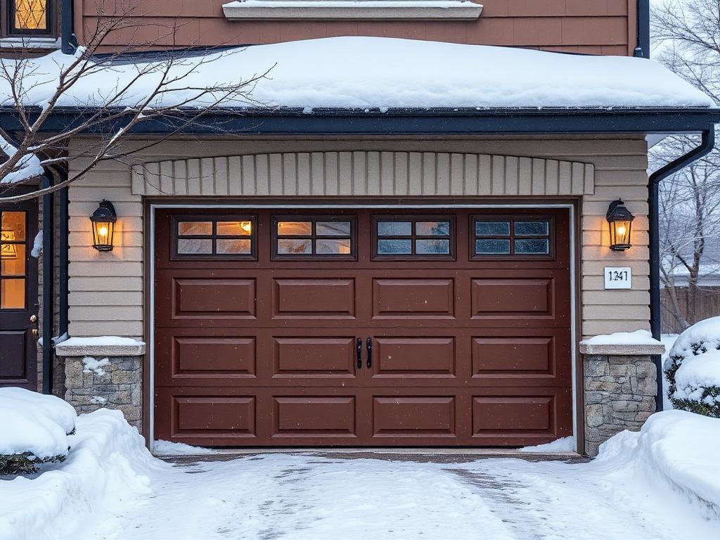 Residential garage door in winter with snow on ground preparing for cold weather