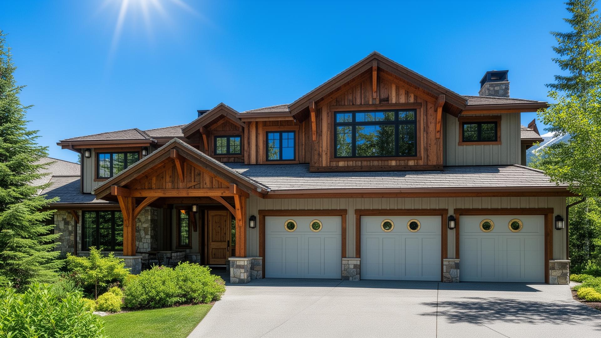 Beautiful mountain lodge home with coastal style garage doors featuring porthole windows in Simsbury, Connecticut