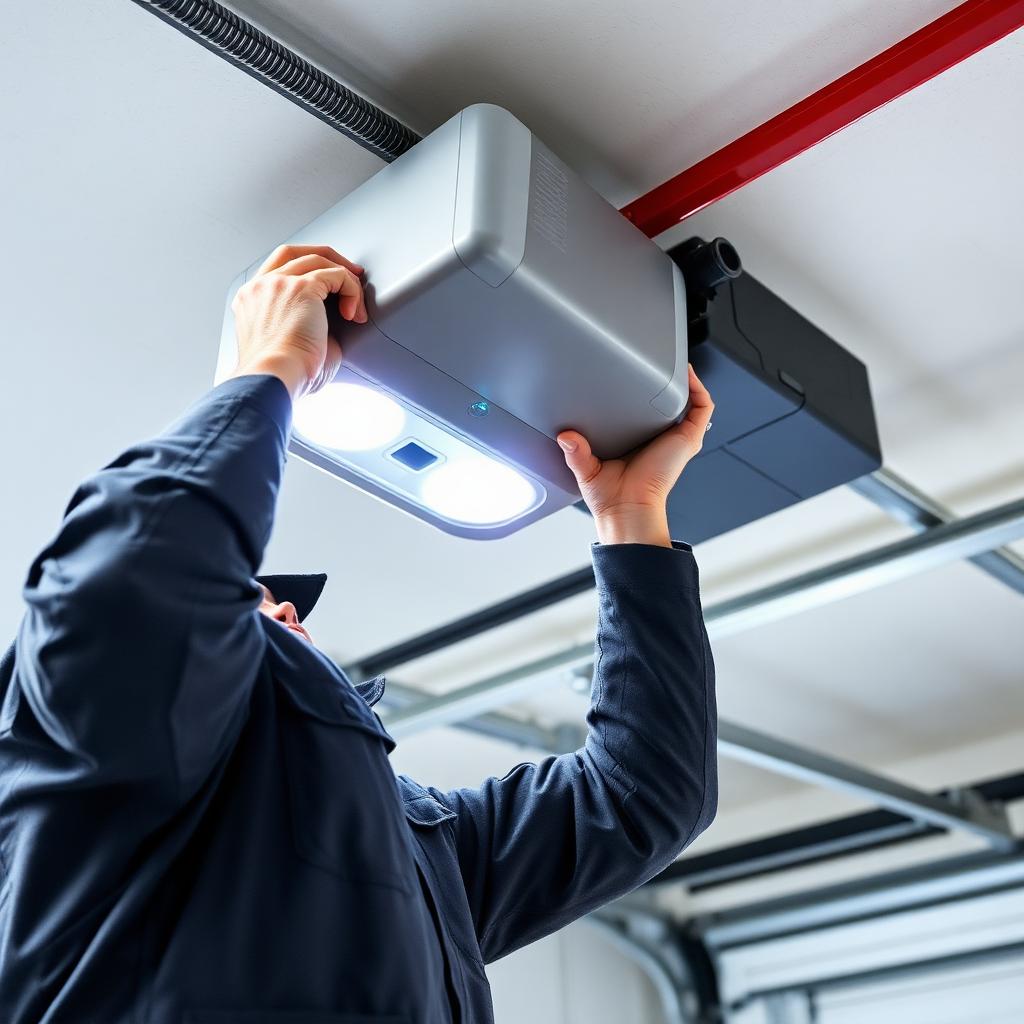 Professional technician installing garage door opener motor showing quality workmanship